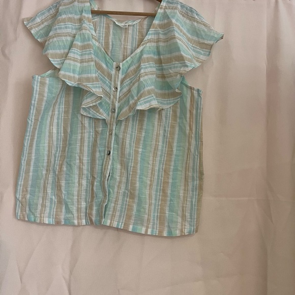 French Laundry Tops - French Laundry Green Blue Ruffled Bib Collar Blouse